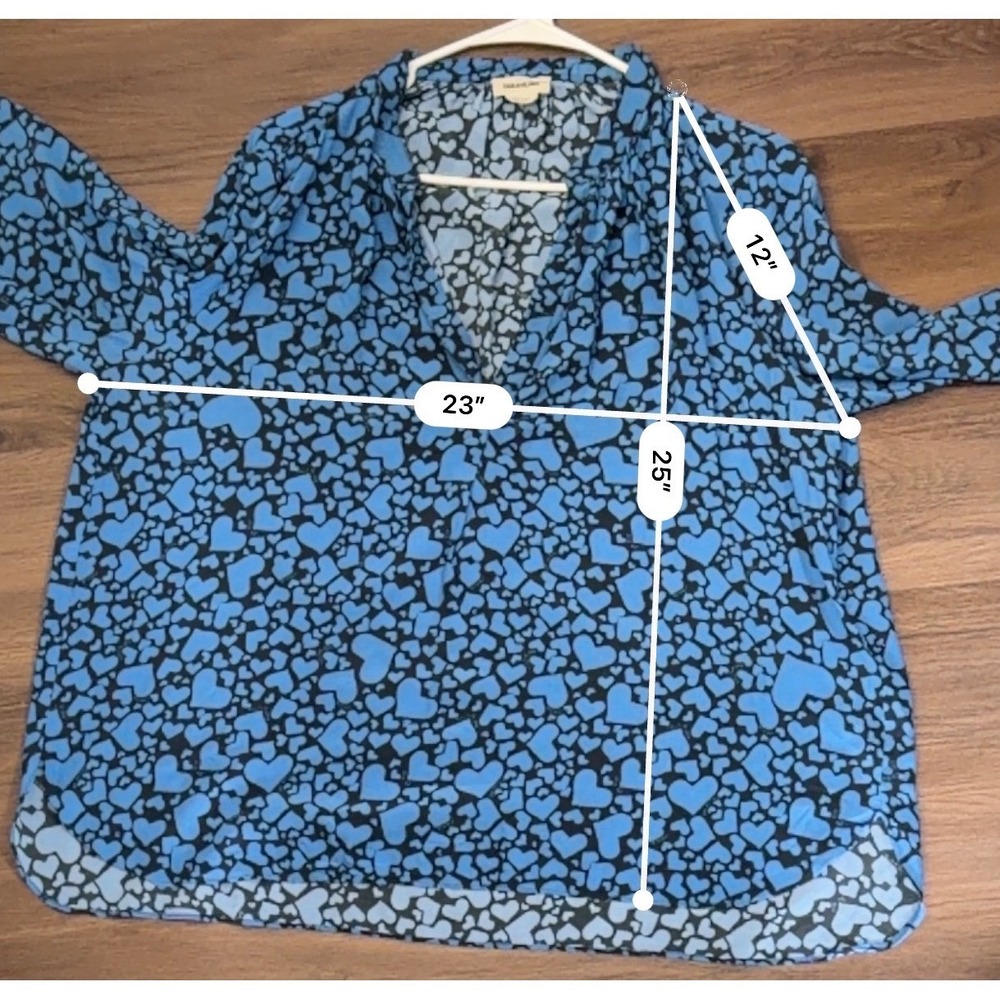 Zadig & Voltaire Blue Heart Print V-Neck Long Sleeve Blouse Top Women Medium - Picture 5 of 5